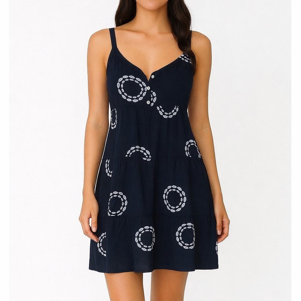 NWT Millenium Women’s Navy Blue Printed Tiered Sleeveless Sundress. Size M.